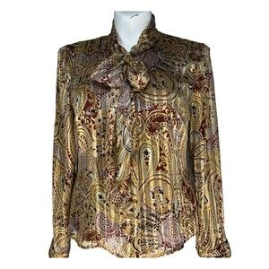 EVAN PICONE Top 12 Red Gold Teal Paisley Floral Bow Button Front Long Sl Career